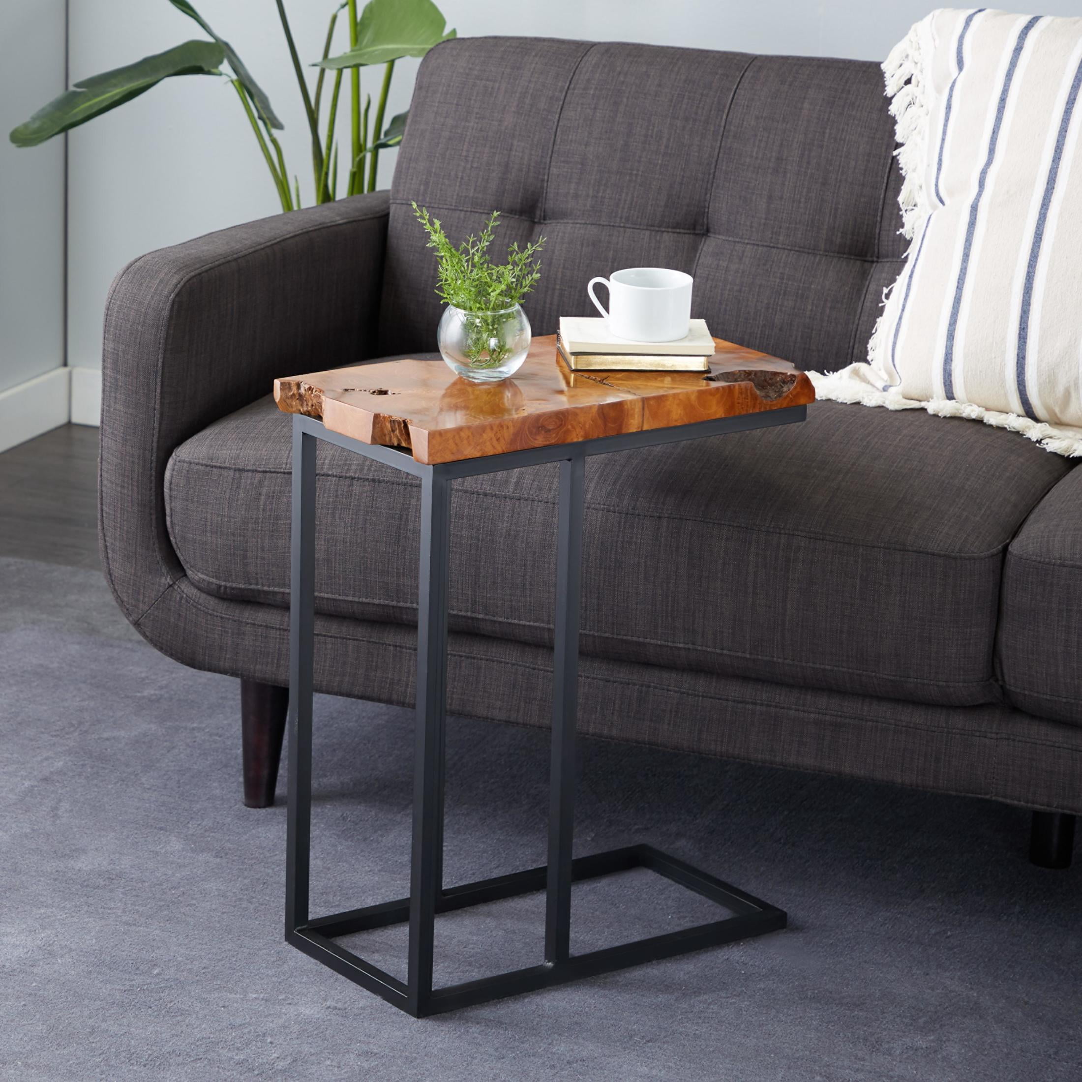 DecMode 11" x 25" Brown Teak Wood Live Edge Top Accent Table with Black Metal Base, 1-Piece