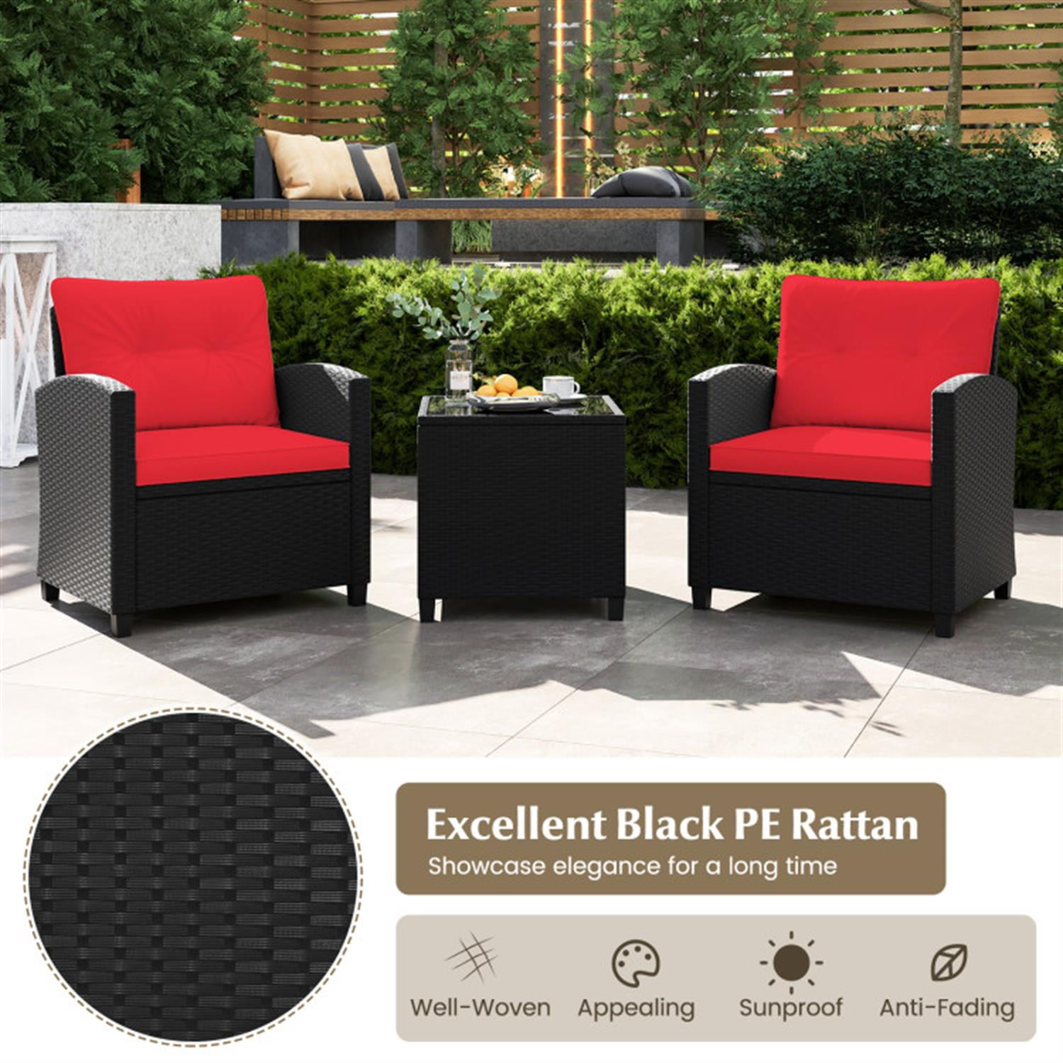 Demi Bonn 3 Pieces Rattan Patio Furniture Set with Washable Cushion, Conversation Armchairs for Garden Poolside Balcony, Red