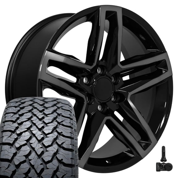 OE Wheels CV34 22 Inch Rims and Tires Fit Silverado 1500 Trail Boss Style 6x139.7 22x9 Gloss Black Machined with Tinted Clear - Hollander 5911 - TS-37 AT 285/45-22 (Set of 4)