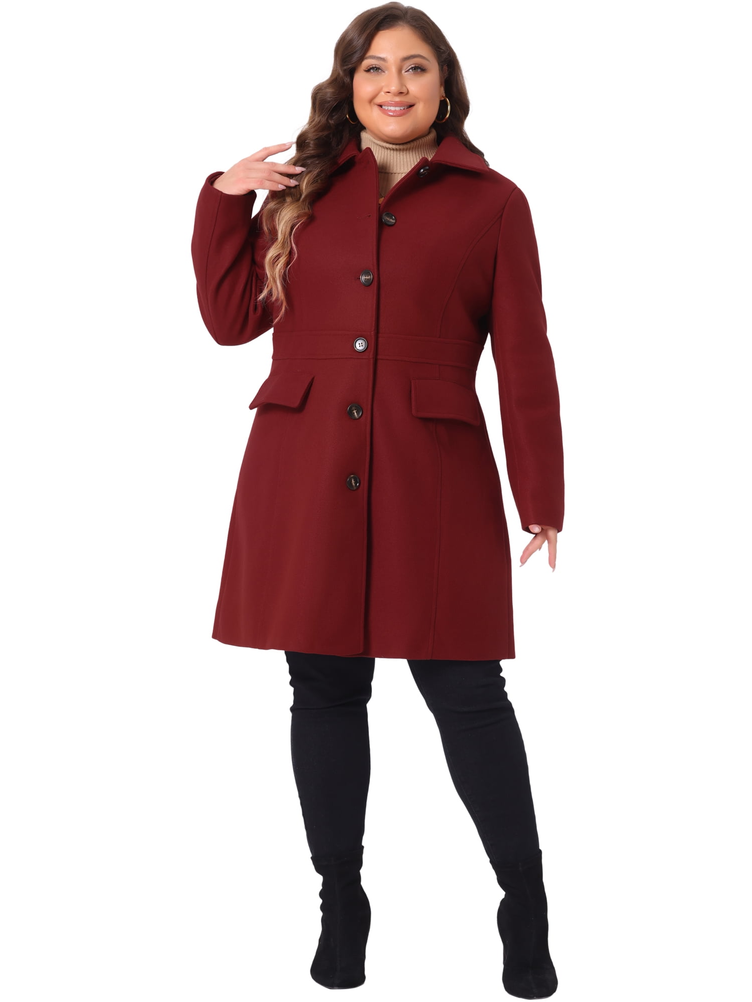DARING DIVA Women's Plus Size Peter Pan Collar Single Breasted Coat 4X Dark Red