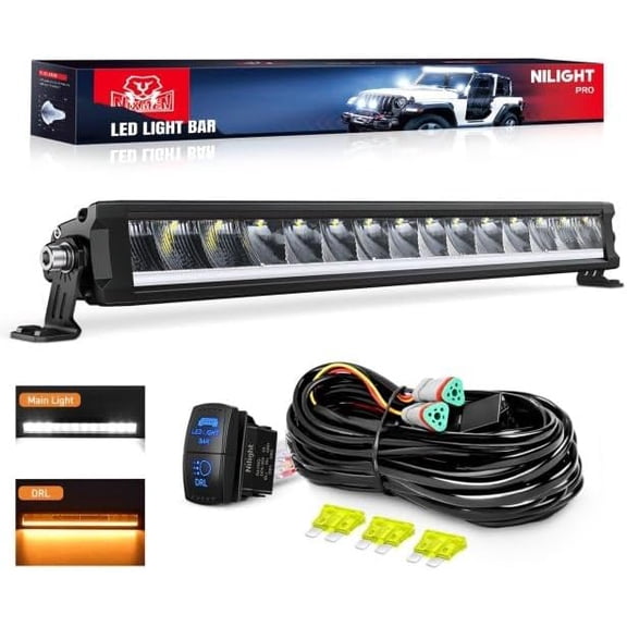 Nilight LED Light Bar with Amber DRL 19.5 Inch 75W Single Row Offroad Light Anti-Glare Flood Spot Combo Slim Light Bar IP68 w/ 16AWG DT Wiring Kit for Pickup Truck SUV ATV UTV Boat 4x4 Jeep