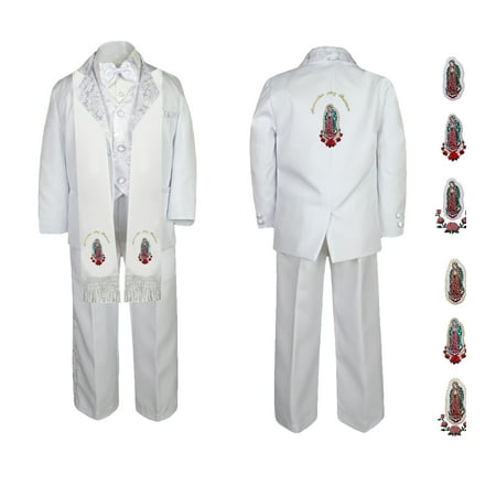 

New Born Baby Boy Teen Christening Baptism Formal White Paisley Suit Silver Gold Patch on Stole & Back SM-20