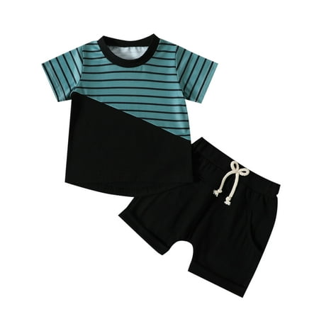 

Vakind Baby Boy Striped Patchwork T Shirt Top Shorts Set Cotton Round Neck Short Sleeve