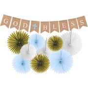 God Bless Baptism Banner | First Communion Party Banner | Christening Decorations for Wedding | Baby Baptism Decorations for Boys | 9 Premium Glittering Matching Paper Fans