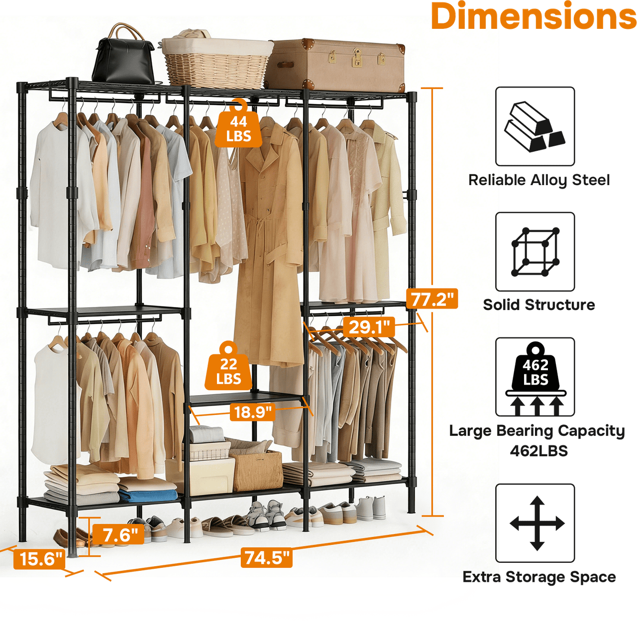 Simple Deluxe Clothes Rack, Heavy Duty Clothing Rack, 4-Shelf Portable Adjustable Wardrobe Closet with Hanging Rods, 74.2" W x 15.5" D x 77.1" H, Black