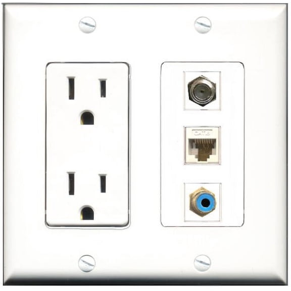 RiteAV - 15 Amp Power Outlet 1 Port RCA Blue 1 Port Coax 1 Port Cat6 Ethernet Ethernet White Decorative Wall Plate