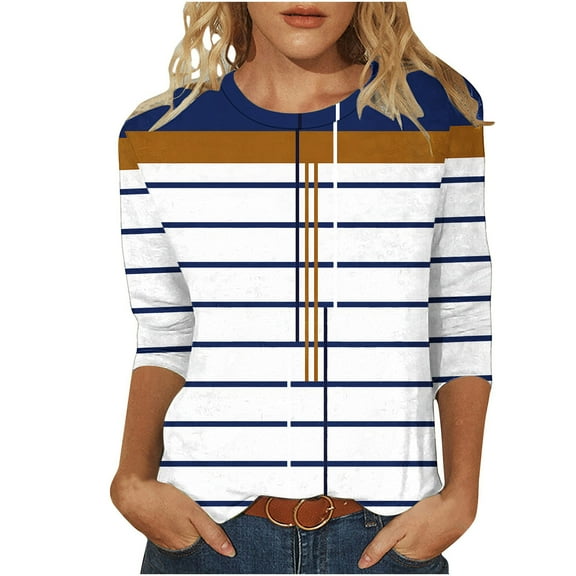 Perfectbot Women's Fashion Tops 3/4 Sleeve Striped T-Shirts Cute Crewneck Basic Tees Blouses