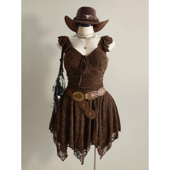 Brown Lace Asymmetrical Hem Dress With Ruffle Sleeves And Tie Front, Western Festival Style