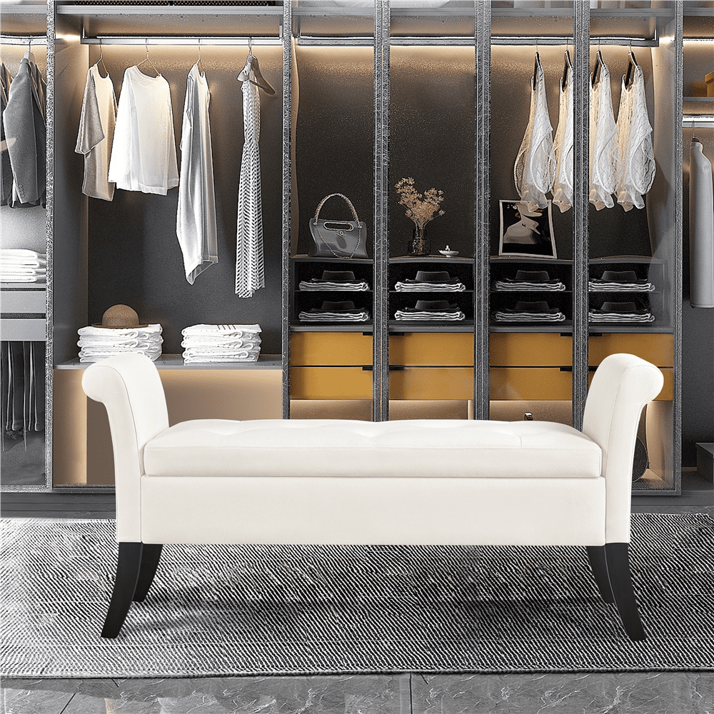 Yaheetech Modern Fabric Tufted Storage Bench Cushioned Ottoman Bench with Rolled Arms, Fresh White