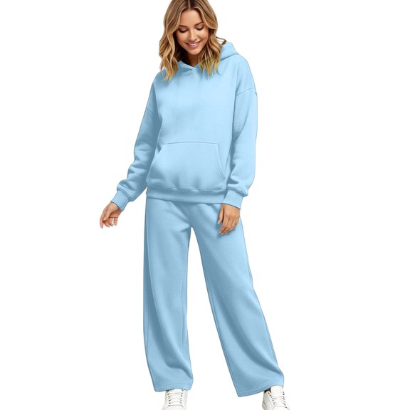 Women's Tracksuits 2 Piece Set Solid Color Fleece Hoodie Jogging Athletic Pants Set Relaxed Fit Fall Winter Suits with Pockets Light Blue XL