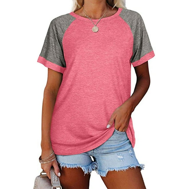 T-Shirt Femme à Manches Courtes Col Rond Blouse Décontractée, Rose, 3TG