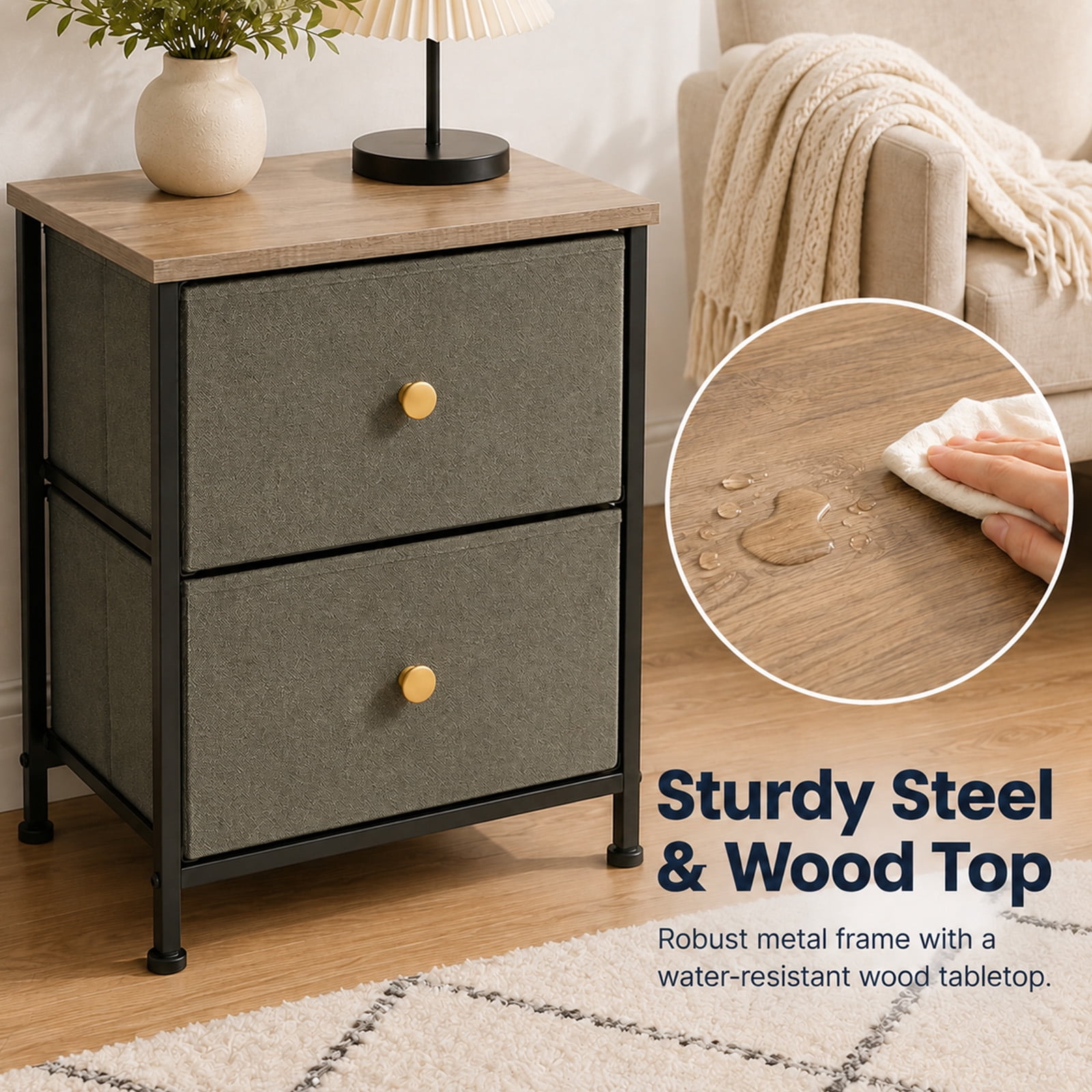 Alvantor Nightstand with 2 Storage Drawers, Small Bedside Table, Small Dresser with Sturdy Wooden Top for Daily Essentials, Compact Nightstand for Bedroom and Small Spaces