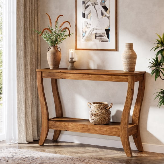 41.3" Solid Wood Farmhouse Console Table with 2-Tier Storage Shelf, Entryway or Sofa Table for Living Room, Hallway, or Foyer