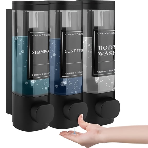 Triple Wall Mounted Shampoo and Conditioner Dispenser with No Drilling Installation, 10.14oz Capacity Each for Bathroom, Kitchen, and Commercial Use