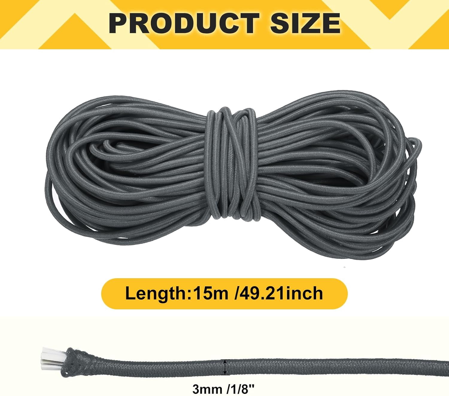 MKEUDQ-Elastic Bungee Cord, 1/8" x 49' Heavy Duty Polyester Bungee Shock Cords Kayak Stretch String Rope for Kayak Strap Tarp Tie Boating Tent Camping DIY Craft, Gray