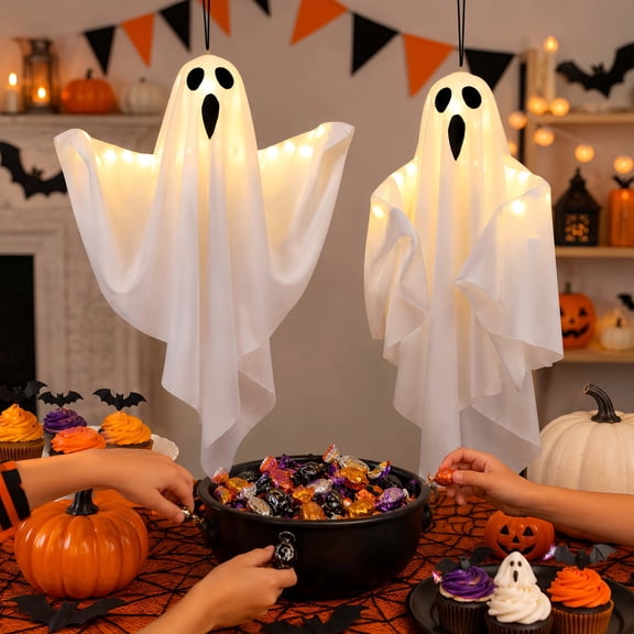 Valora Bella 2PCS Hanging Ghosts Halloween Decorations - 19.7" Light Up Ghost Decor with Battery Operated LED Lights - Cute Hanging Halloween Decorations for Porch, Yard, Trees, Indoor Outdoor Party