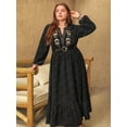 thumbnail image 5 of Women's Plus Size Embroidered Polka Dot Notched Long Sleeve Dress 95% Polyester 5% Elastane Comfortable Everyday Fit, 5 of 7