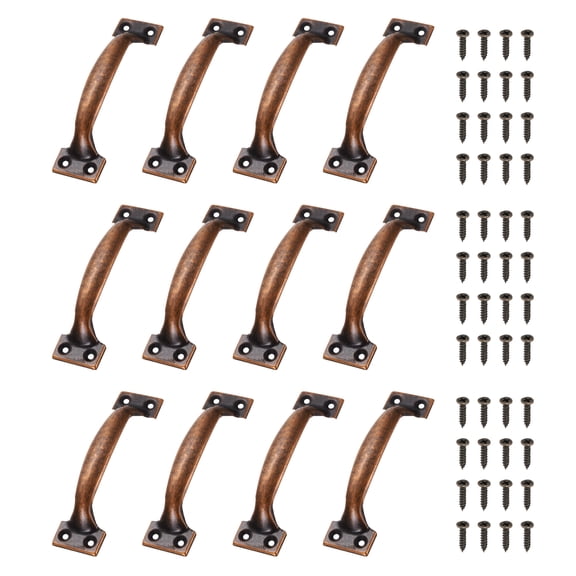 Uxcell 12  Pack Door Handles, 4.7" Hardware Handle Pull with Screw Vintage Drawer Pulls Metal Curved Gate Handles for Furniture Cupboard Dresser Drawer Wardrobe, Red Bronze
