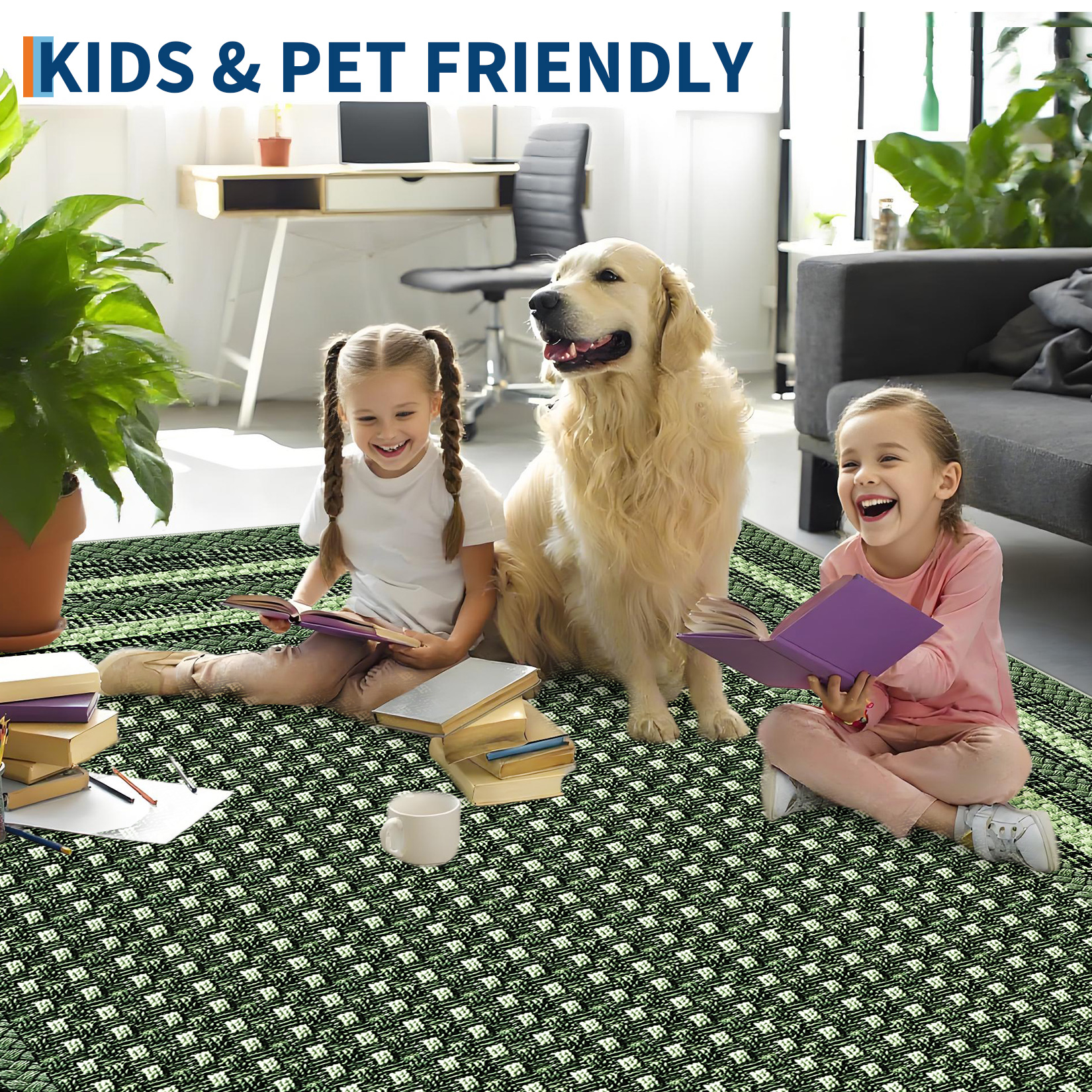 Garvee 9'x12' Bordered Print Area Rug Washable Rugs, Non Slip Modern Geometric Rug Stain Resistant Indoor Carpet for Living Room Bedroom Dining Room, Green