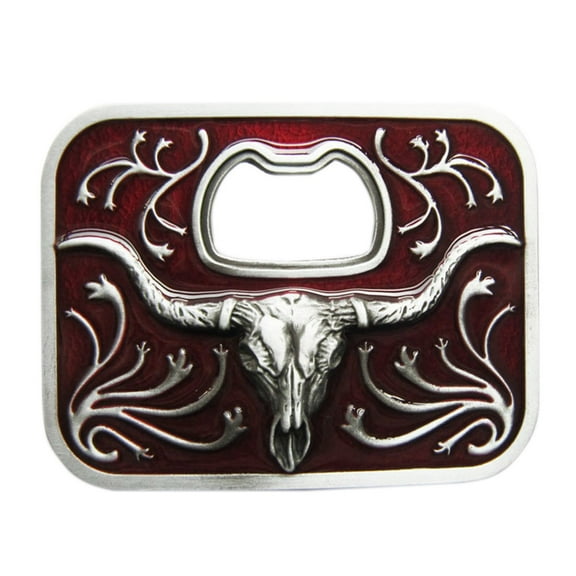 Vintage Style Red Enamel Western Long Horn Bull Bottle Opener Belt Buckle