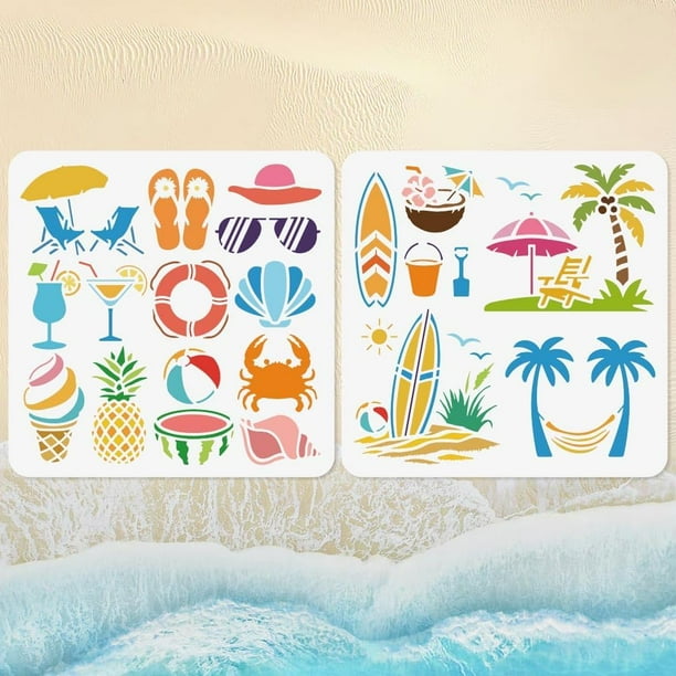 2 plantillas de playa veraniegas para pintar, 30 x 30 cm, reutilizables, con palmeras, ideales para manualidades y decoración playera.