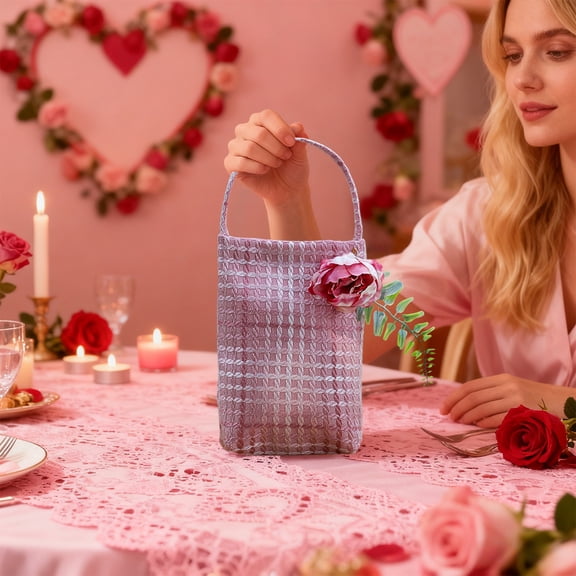 Beige Fabric Flower Packaging Box, Reusable Cloth Handbag for Bouquets, Gift Wrapping, 4.33x10.24 Inch Decorative Bag Pink