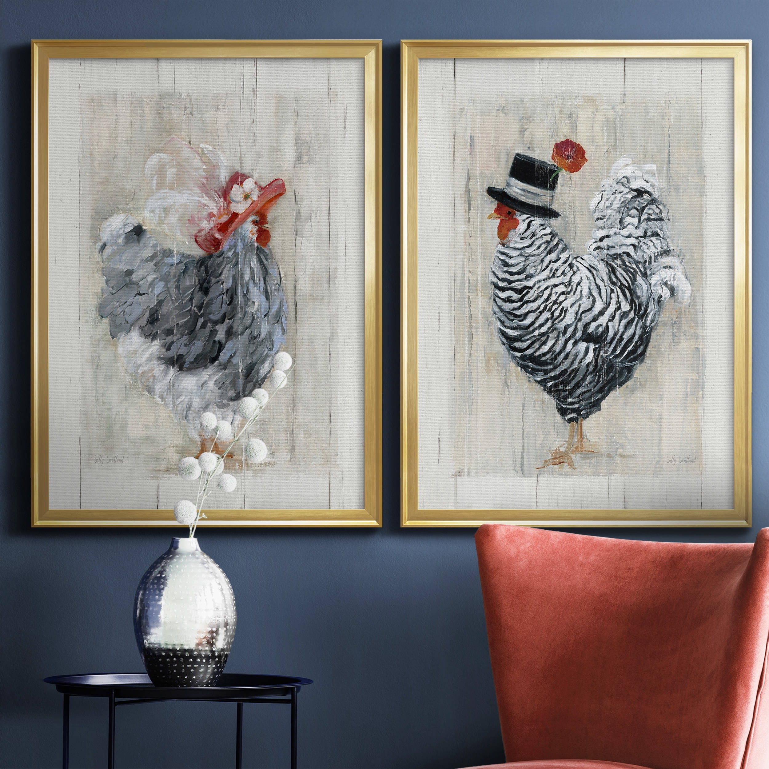 2 Piece Set Sunday Best Hen Premium Framed Canvas - Ready to Hang - 26.5 x 36.5 Each - Gold Frame