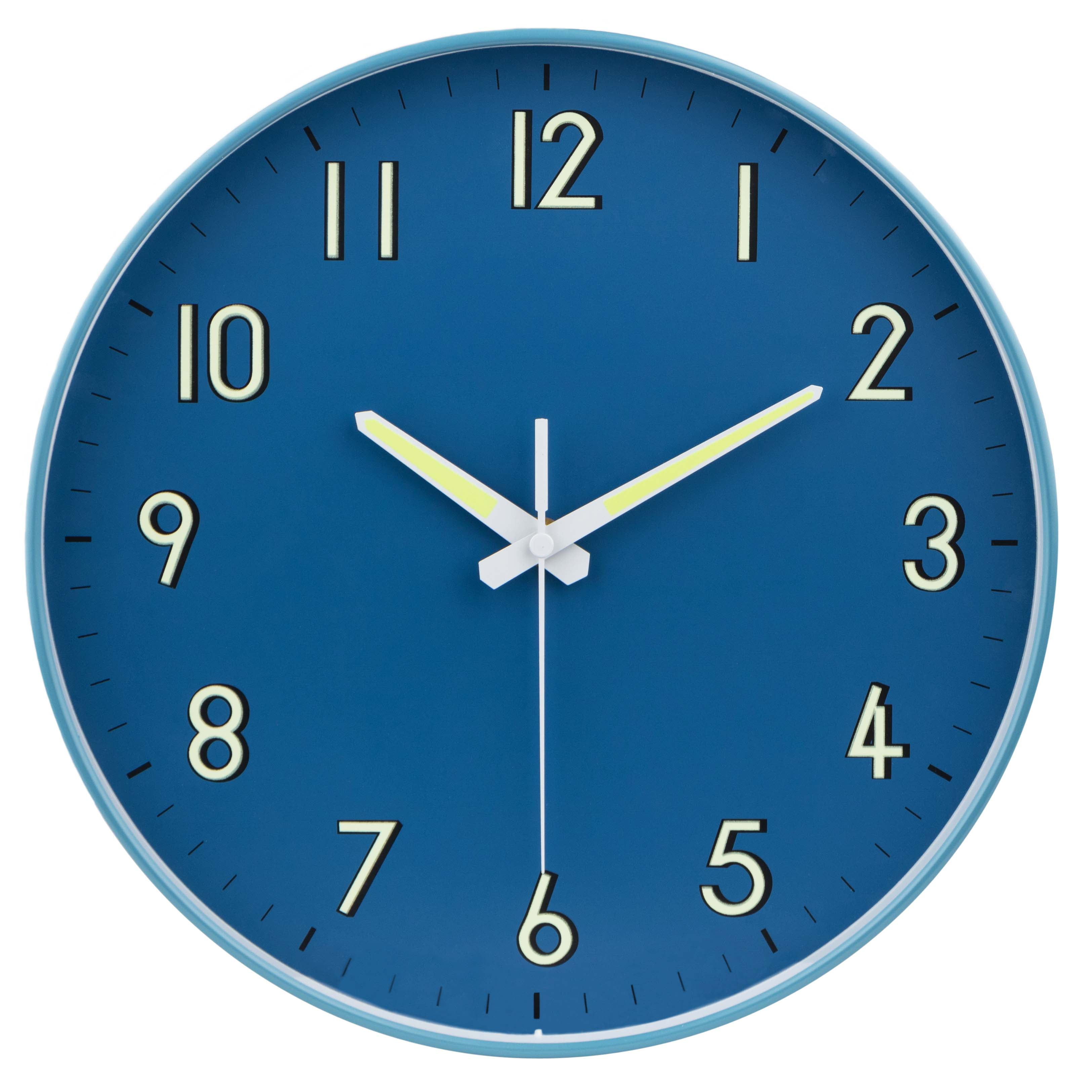 Midnight Blue Wall Clock with Silent Non Ticking Movement and Glow in