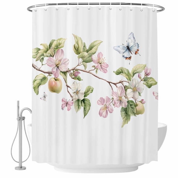 Butterfly Flowers Shower Curtain Set - Long 72" x 84" Washable Bathtub Curtain with 12 Hooks, Watercolor Spring Botanical Plants Waterproof Fabric Stall Shower Curtains for Bathroom/Bathtub Décor