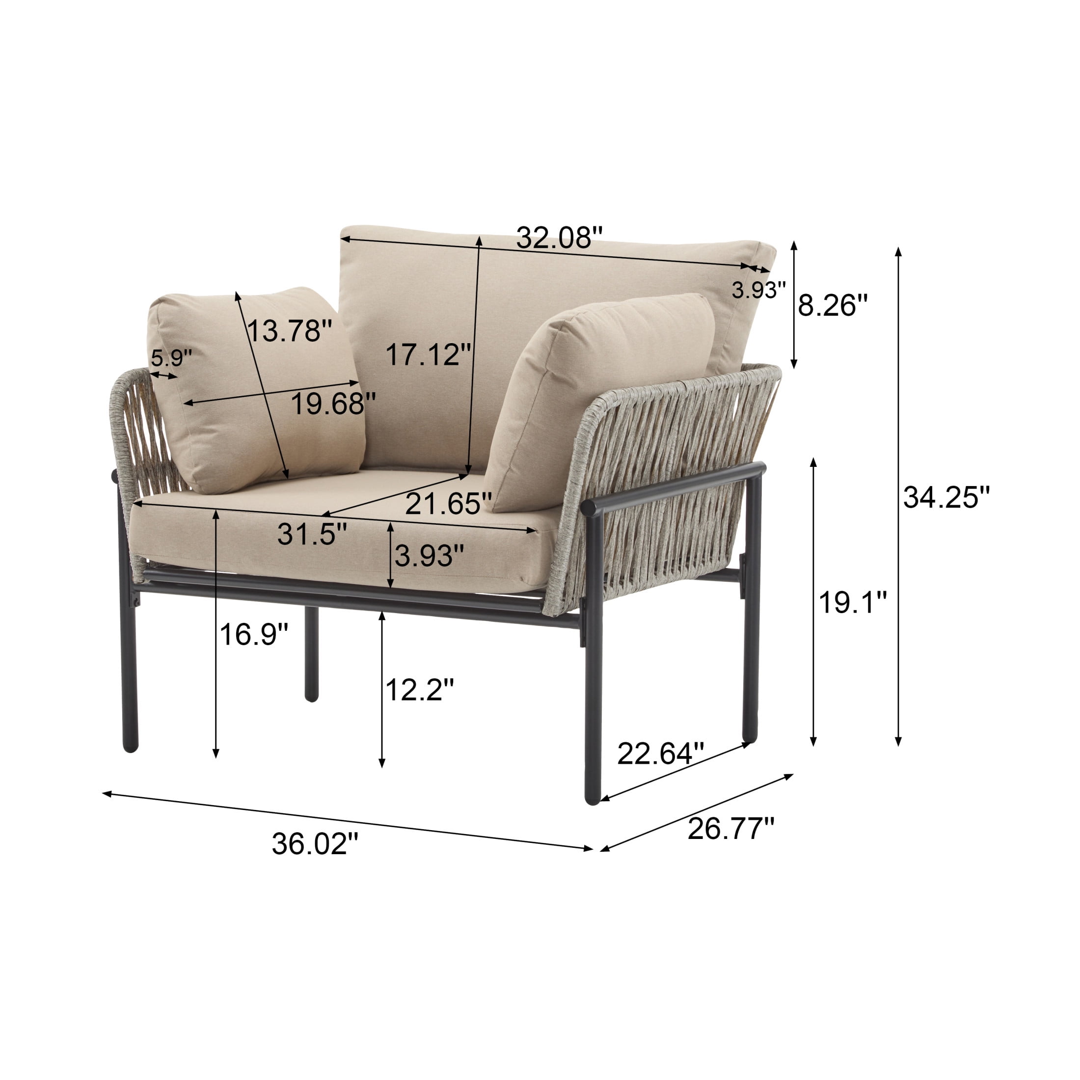 Ryder Modern Outdoor Patio Lounge Chair with Cushions, Rope Accents, Iron Frame, Grey+Beige