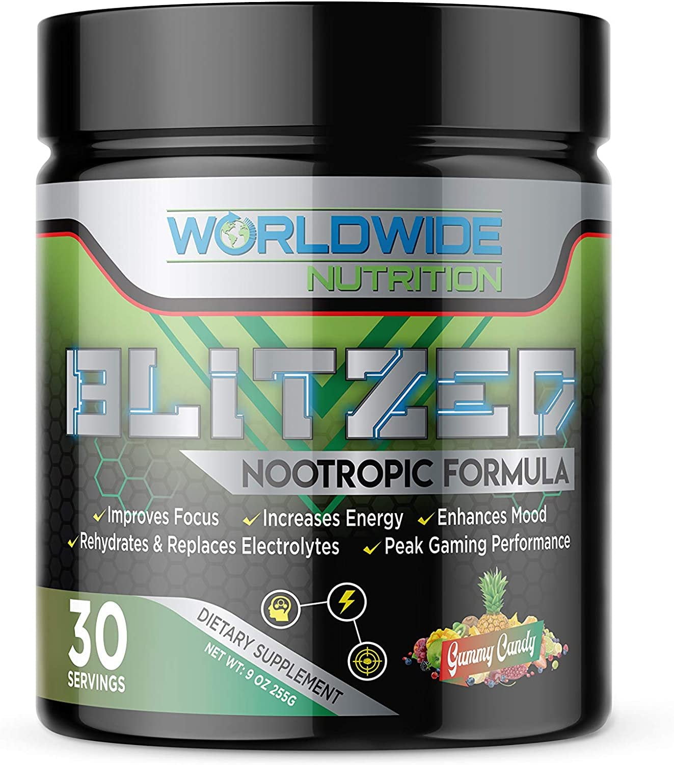 Worldwide Nutrition Blitzed Nootropic, 30 Servings Fast Acting Supplement, Maximum Absorption 100% Natural, Maximum Cognitive Performance, Increased Energy, Enhanced Focus Gummy Candy Flavor