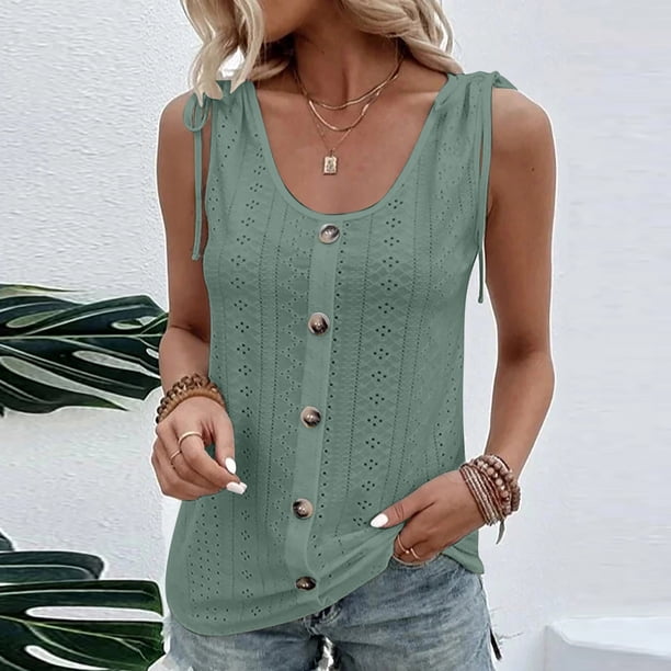 ICHUANYI Clearance Women's Summer Fashion U-Neck Tank Top Solid Casual Caverns Sleeveless Tank Top(Green, M) ICHUANYI WER2023081014459