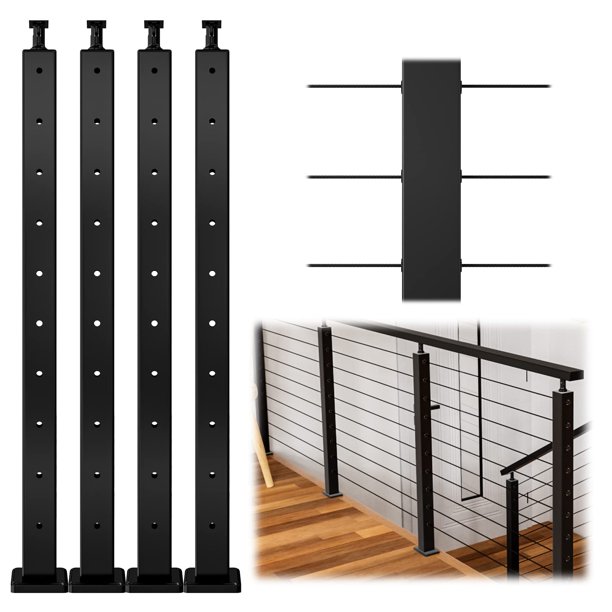 Muzata Paquete De 4 Postes De Barandilla De Cable Negro De 36 Pulgadas, 36 Pulgadas X 2 Pulgadas X 2 Pulgadas, Montaje En Superficie Perforada De Nivel, Kit De Sistema De Barandilla De Cable De Acero