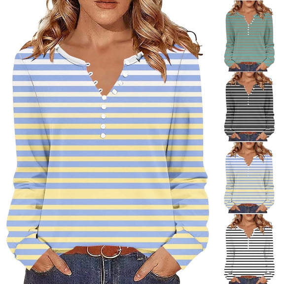 Josdec Womens Horizontal Stripe V-Neck Long Sleeve Pullover Tops, Notch Henley Loose Casual All Season Daily Relaxed T Shirts S-3XL