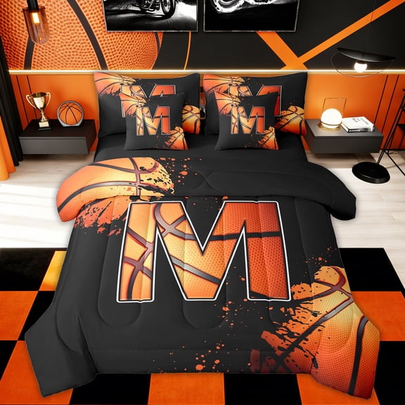 Homewish Cartoon Basketball Boys Twin Bedding Sets 7-Piece, Black Orange Monogrammed M Bedding Comforter Set, Modern Ball Sports Player Reversible Sheet Sets, Breathable Home Decor
