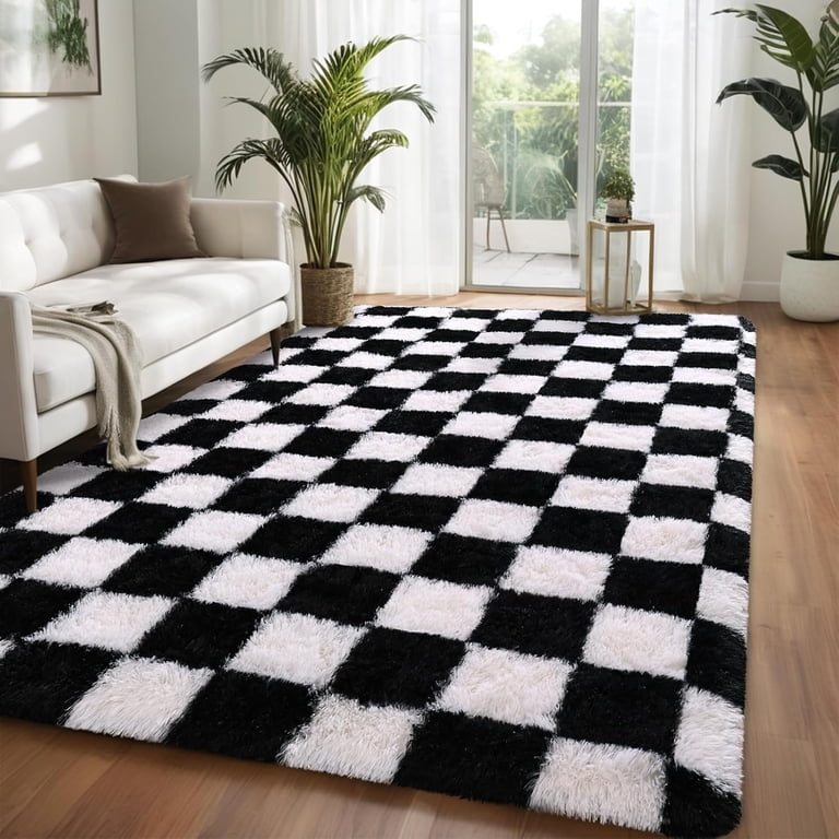 RLESO Checkered Rug 5.25X7.55 for Kids Room Black and White Soft Shag ...