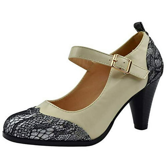 Chase & Chloe Dora-2 Round Toe Two Tone Mary Jane Pumps Silver Glitter/Cream (Silver Glitter/Cream, 10)