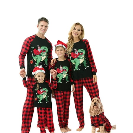 

wybzd Christmas Family Matching Pajamas Set Santa Claus Dinosaur Print Tops Plaid Pants Sleepwear Homewear