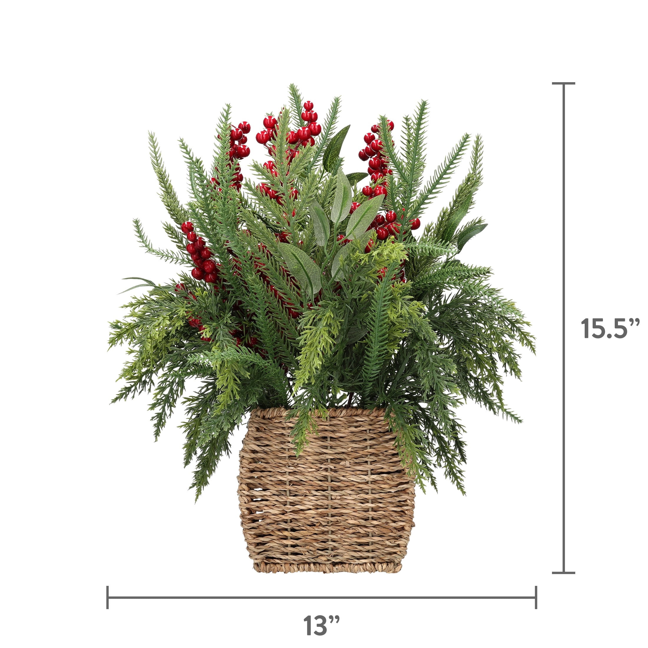 Berry and Greenery Arrangement in Woven Basket Christmas Decoration, Multicolor, 15.5", by Holiday Time