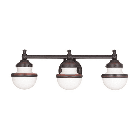 

Bathroom Vanity 3 Light With Hand Blown Satin Opal White Glass Olde Bronze size 24 in 225 Watts - World of Crystal