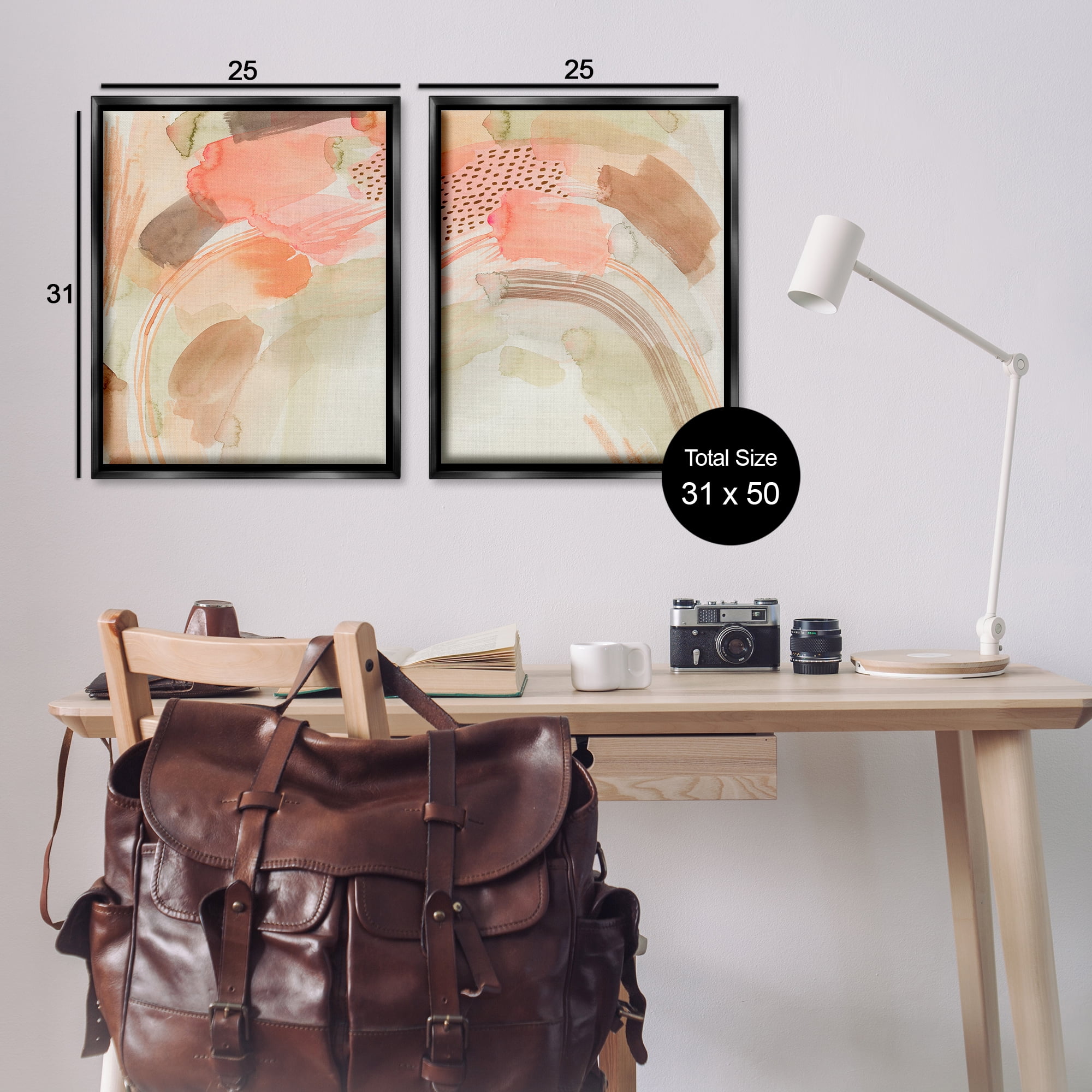 Stupell Industries Pink Peach Abstract Watercolor Abstract Painting Black Floater Framed Canvas Art Print Wall Art, 31 x 25, Set of 2