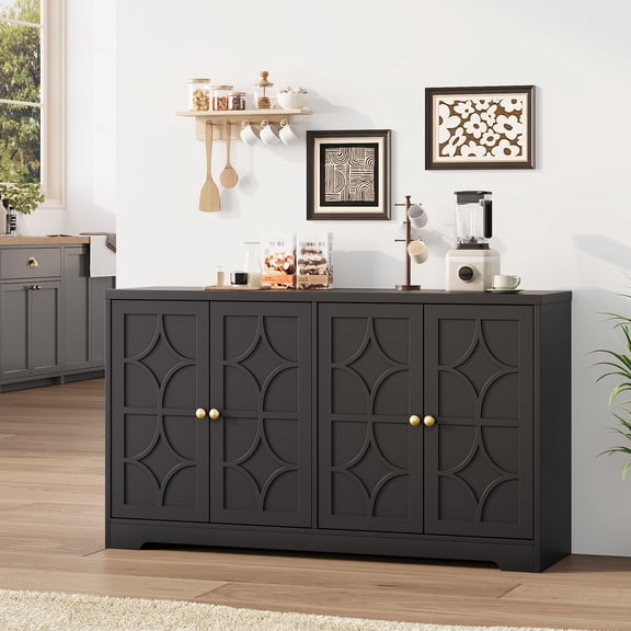 PYY Black Tall Kitchen Pantry Cabinet with Microwave Hutch, Modern Coffee Station Buffet Sideboard Cabinet with Tempered Glass Doors & Adjustable Shelves, Freestanding Display Storage Rack Cupboard