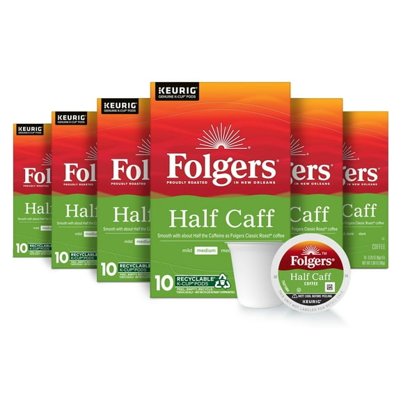 Folgers Half Caff Coffee, Medium Roast, Keurig K-Cup Pods, 10 Count (Pack of 6)