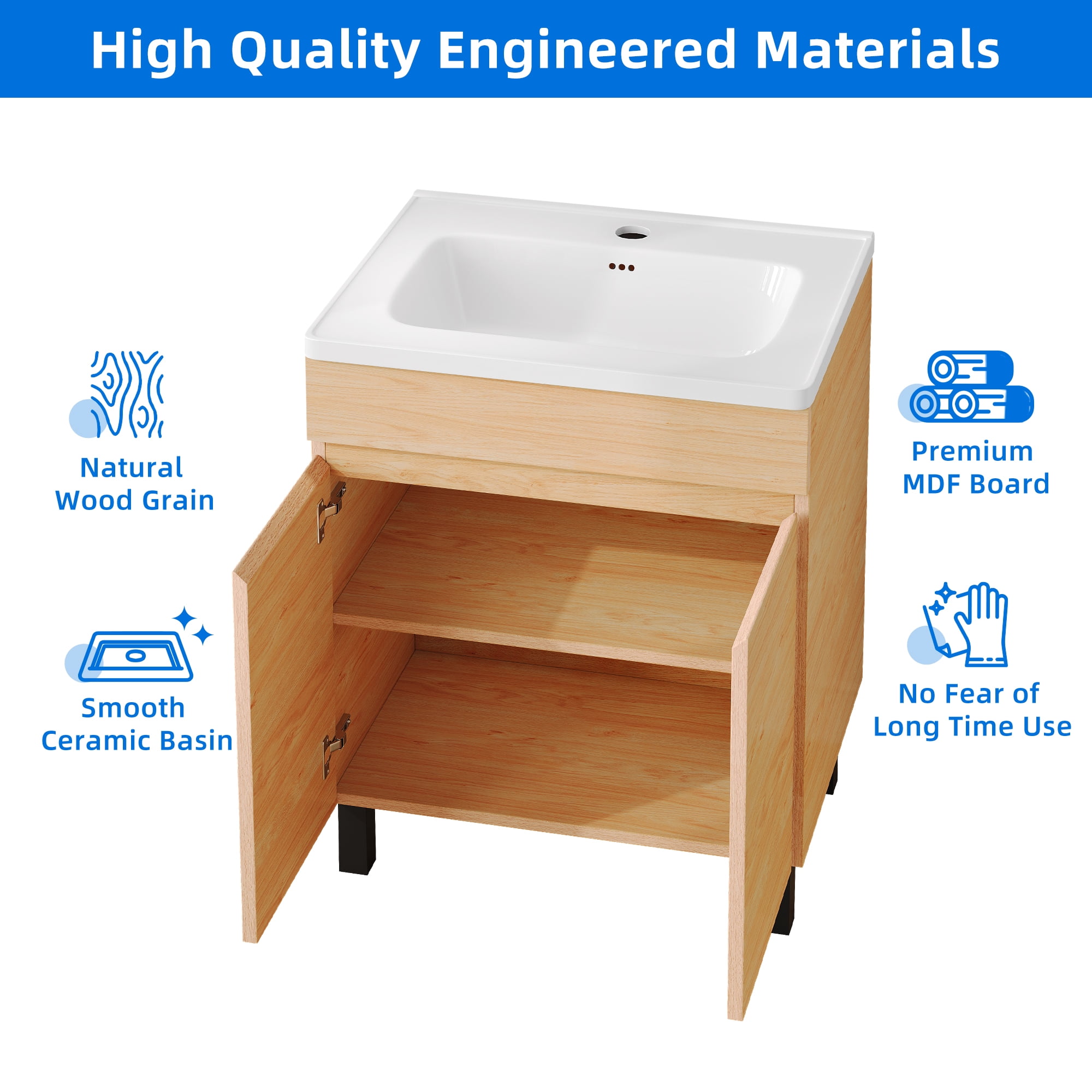 Dextrus 24 Inch Bathroom Vanity with Undermount Sink, Free Standing Bathroom Storage Cabinet with Drain, Oak