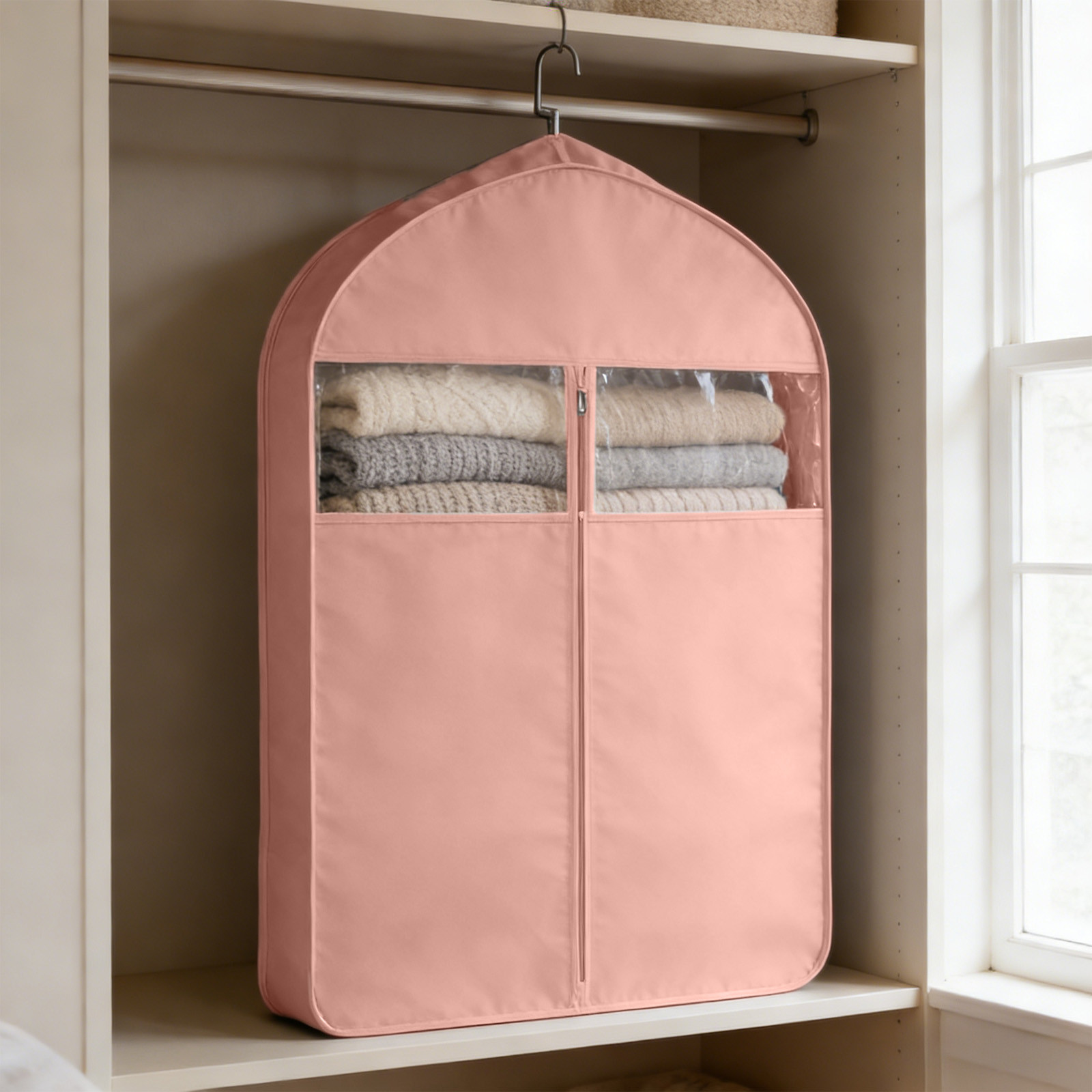 Weloille Garment Bag for Travel and Storage with Transparent Window, Foldable Waterproof Paper Material, for Hanging Clothes Coats Jackets Shirts, Gray Pink Blue