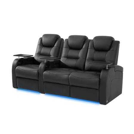 comfiroom Leather Home Theater Seating Seats, Simple Style Top Grain Leather Movie Theater Chairs Theater Recliner Sofa with Tray Table Type-C USB Charger (Black, Row of 3 Loveseat Right)