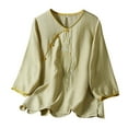 thumbnail image 3 of Tittly Womens Linen Tops Womens Oversized Button Down Shirts Linen Tunics for Women 3/4 Sleeve Linen Shirts For Women 2025 Cotton Summer Retro Boho Tops Vacation Blouse Green, 3 of 6