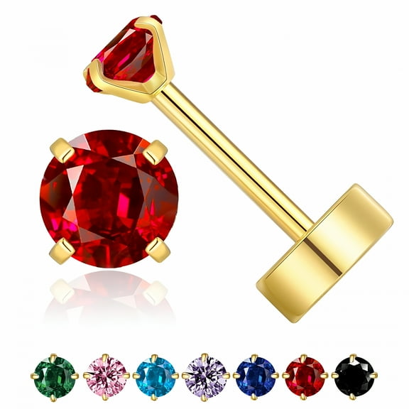 DESIGNICE 14k Gold Plated Small Flat Back Stud Earrings for Women,Hypoallergenic Flatback Cartilage Earring Stud,Helix Conch Tragus Piercing Jewelry,Screw Back Tiny Earrings Studs (Gold, Red Garnet)