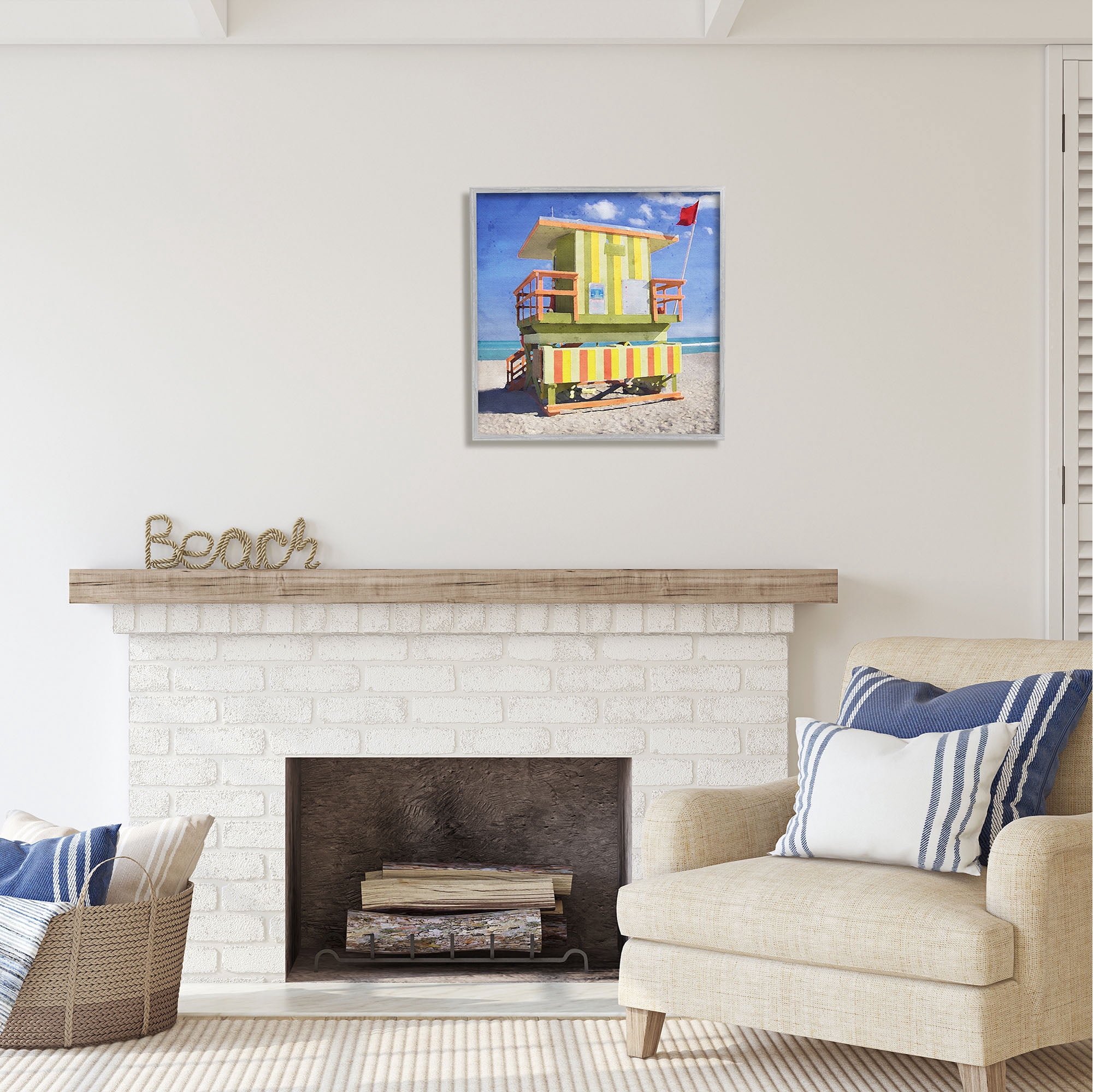 Stupell Industries Yellow Summer Beach Hut Nature Painting Gray Framed Art Print Wall Art, 24 x 24