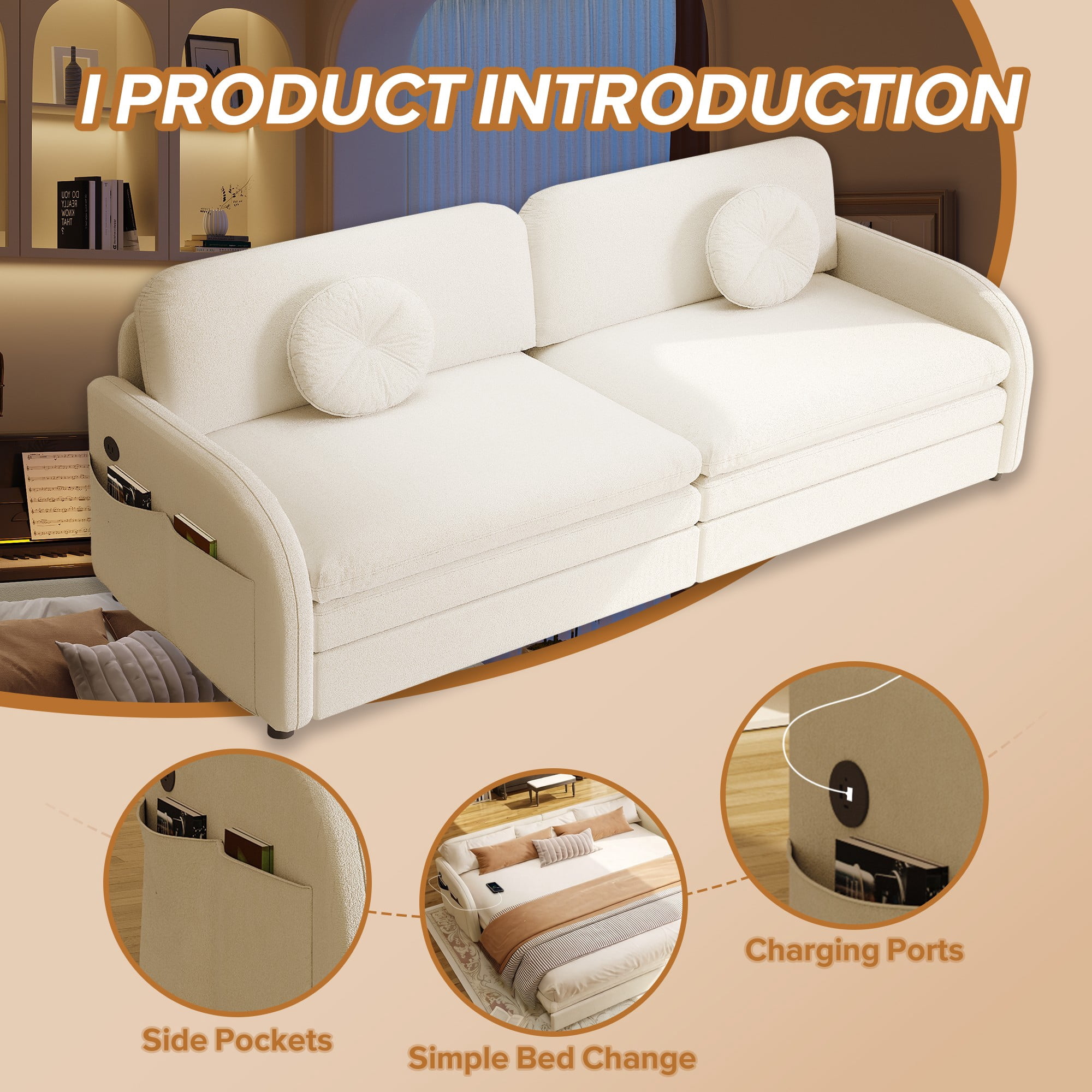 LLappuil King Size Pull Out Sofa Bed, Compact Loveseat Sofa Covertible Sofa Bed with USB Port, Side Pocket , Chenille Sofa Couch for Living Room Beige